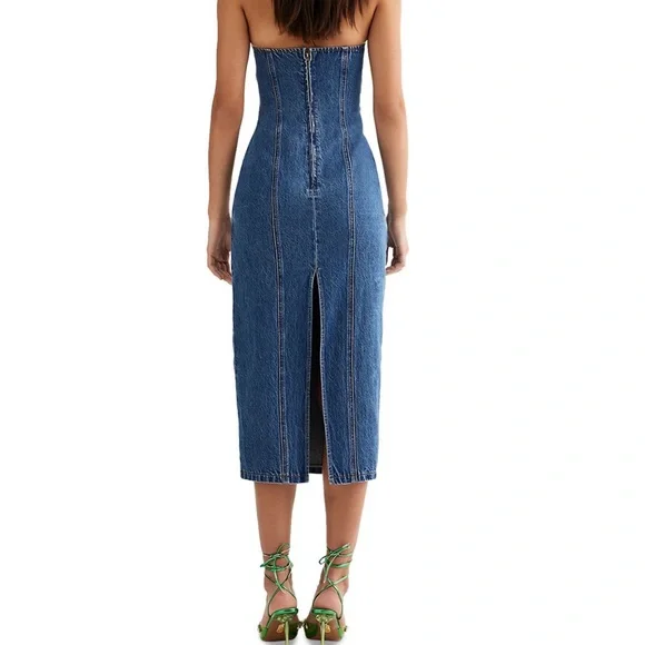 Lioness Strapless Denim Midi Dress in Blue - Picture 4 of 14